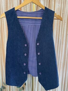 Vintage pinstripe denim jean vest waistcoat dark-wash reversible Small
